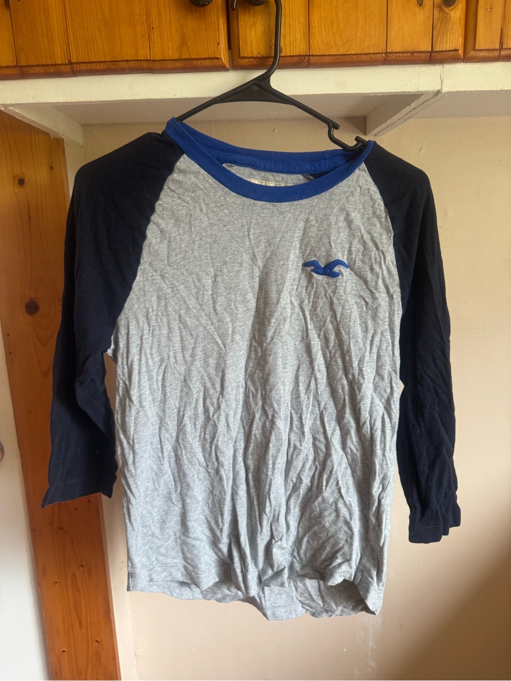 Hollister Gray Body with Navy Raglan Sleeves Long Sleeve Tee